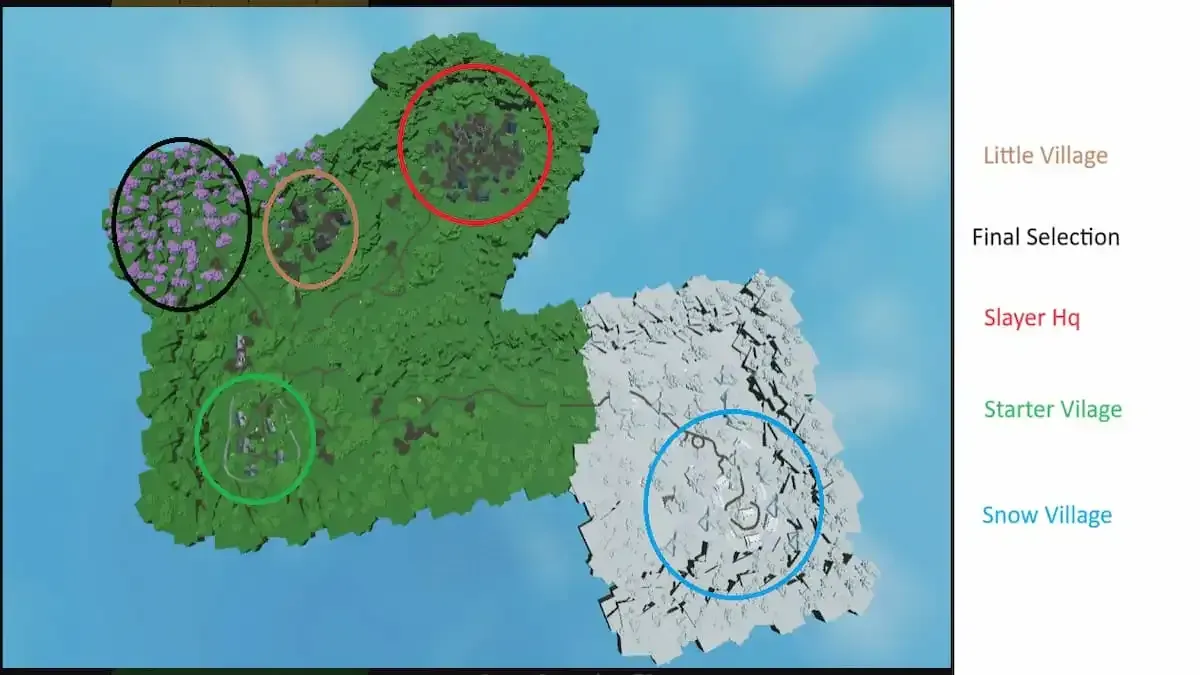 Map showing different island regions labeled with text: Little Village, Final Selection, Slayer HQ, Starter Village, and Snow Village.