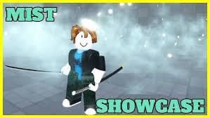Roblox character with a sword and the words MIST SHOWCASE.