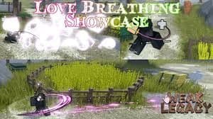 Game scene split in two, showing characters and effects with text overlay "LOVE BREATHING SHOWCASE".