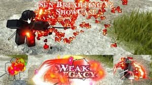 Roblox character with sword surrounded by fire effects, depicting a 'Sun Breathing Showcase'.