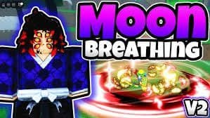 Roblox avatar with multiple eyes and red-streaked hair, wearing a dark blue kimono, with "MOON BREATHING V2" text overlay.