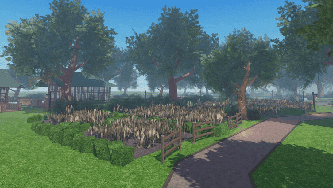 A lush green park with a garden, trees, and a walking path.