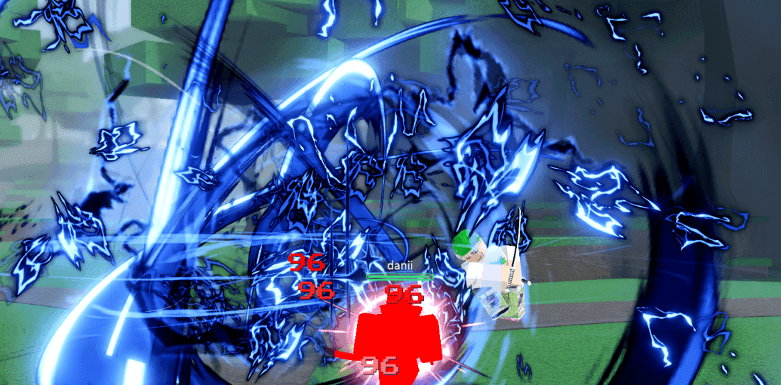 A dark blue, shadowy figure with glowing blue accents attacks with swirling energy.