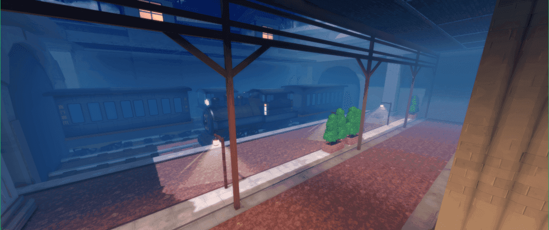Vintage train at a dimly lit station platform at dusk, with arched tunnels in the background.